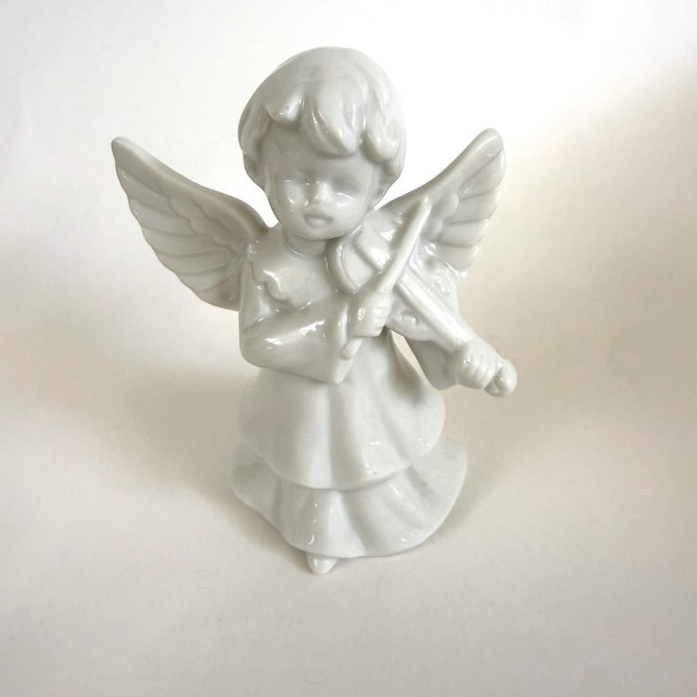 Vintage Midwest Japan Porcelain Angel Figurine Playing Violin White 4"